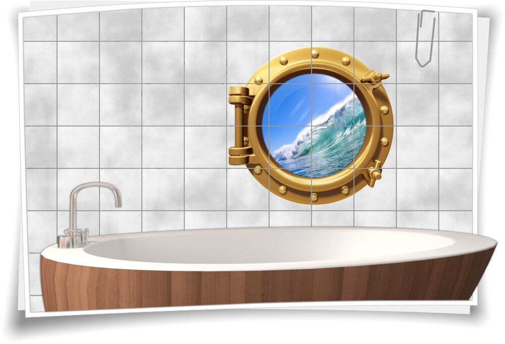 Wandsticker Sticker Wandaufkleber für Badezimmer Bullauge Welle Wasser Meer