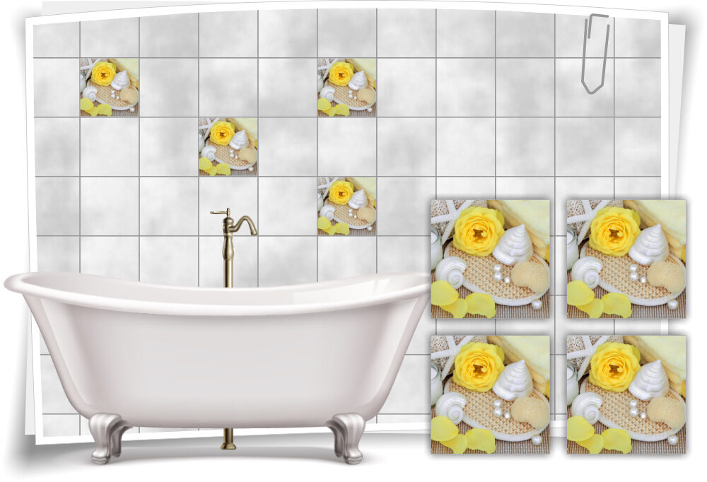 Fliesenaufkleber Fliesenbild Rose Muschel Gelb Wellness Aufkleber Fliesen Bad WC 
