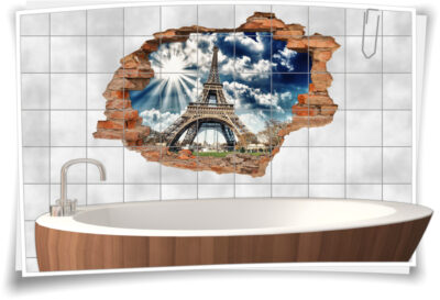 3D Fliesen-Aufkleber Fliesen-Bild Fliesen-Tattoo Fliesen-Sticker Wand-Durchbruch Eiffelturm Paris Frankreich