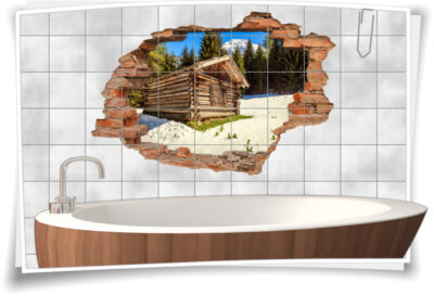 Fliesenbilder Wandgestaltung Alpenlook Gebirge Schweiz Holz-Hüte Berg