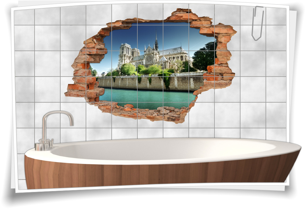 3D Wanddurchbruch Fliesentattoo Notre-Dame-de-Paris Deko Fliesenbilder  Frankreich Fliesenaufkleber Kathedrale Seine Stadt – Medianlux-Shop