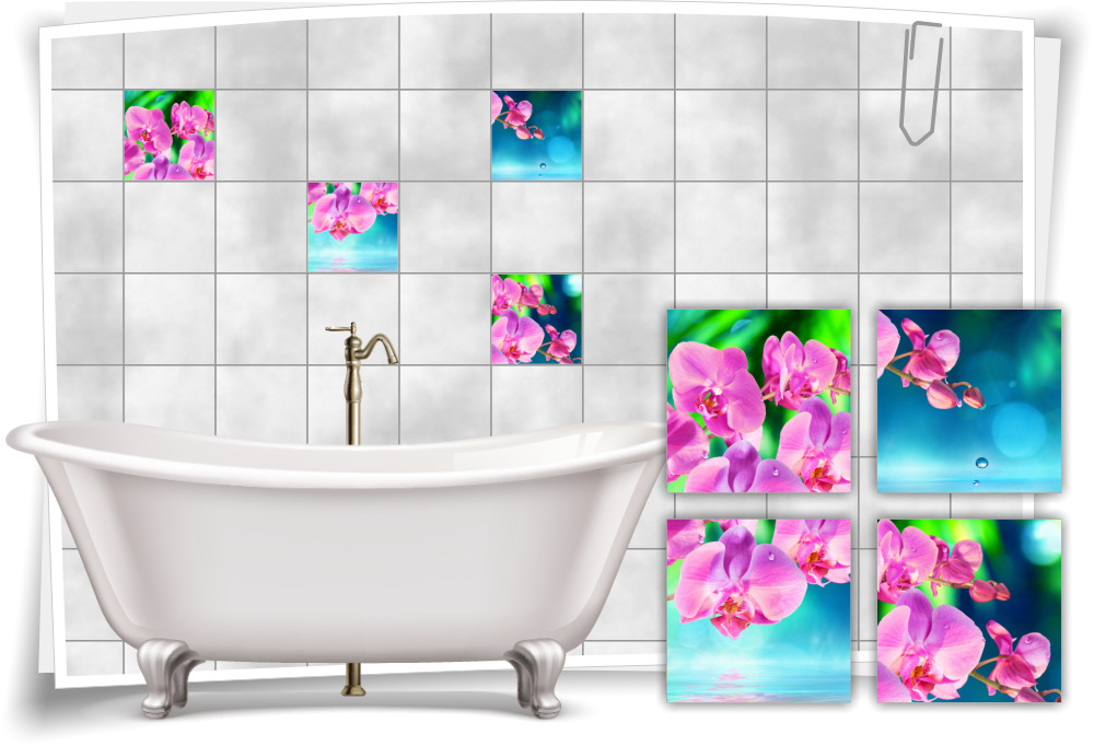 Fliesen-Aufkleber Orchideen Blumen Wellness SPA Blau Pink Fliesen Bad WC Deko 