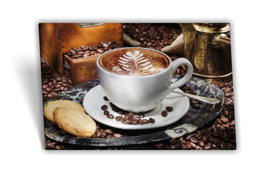Leinwand-Bild Keilrahmen-Bild Kaffee-Bohnen Kaffee-Tasse Frühstück