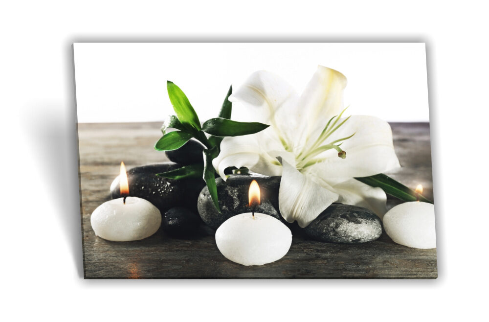 Bild auf Leinwand Spa-Stilleben Kerzen Kieselsteine Orchidee Wandbild 