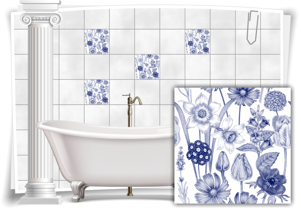 Fliesen-Aufkleber Fliesen-Bild Kachel Rosen Blumen Retro Blau Weiß Bad WC Deko 