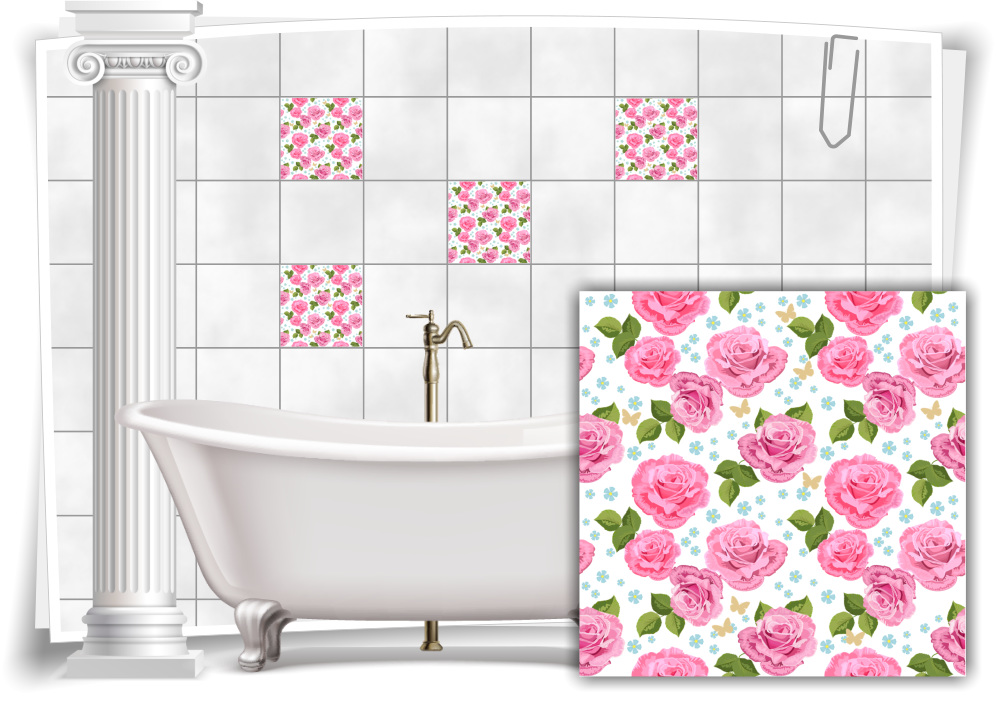 Fliesenaufkleber Fliesen zum Aufkleben Bad und Küche Rose Pink Blume Blätter 