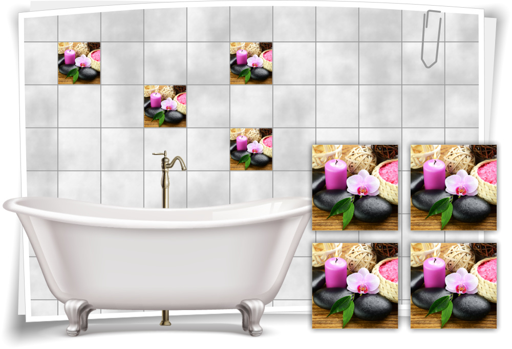 Fliesen-Aufkleber SPA Wellness Orchidee Kerze Steine Salz Pink Schwarz Beige Bad 