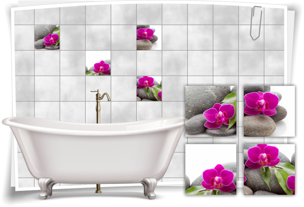 Fliesen-Aufkleber SPA Wellness Orchideen Blüten Steine Blätter Pink Grau Bad WC 