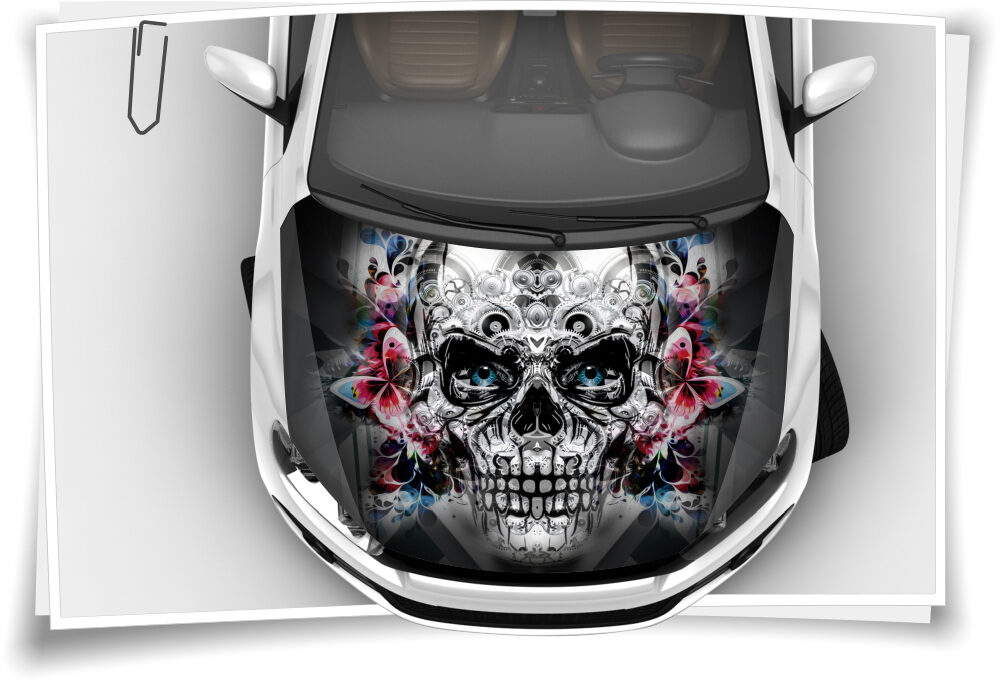 Motorhaube Auto-Aufkleber Totenkopf Skull Schmetterlinge Metall