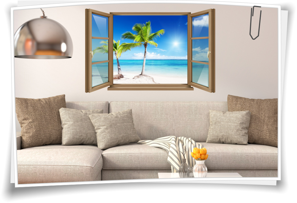 3D Fenster Wandbild Wandtattoo Aufkleber Urlaub Strand Meer Palmen Wohnzimmer 