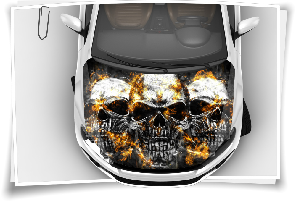 Motorhaube Auto-Aufkleber Totenkopf Skull Metall Feuer Rauch