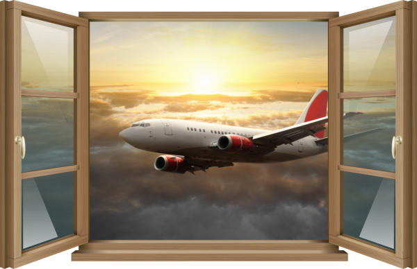 Wand-Tattoo Wand-Bild Fenster Flugzeug Fliegen Wolken Himmel Sonne