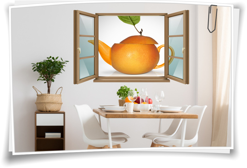 Wand-Tattoo Wand-Bild Fenster Tee-Kanne Orange Frucht Tea-Time Früchte Aufkleber