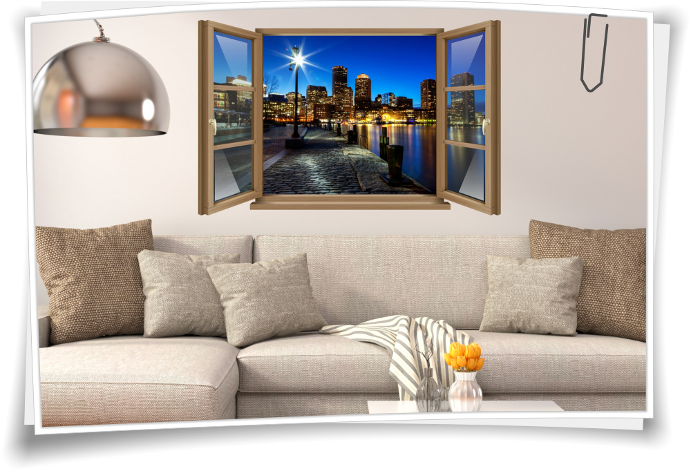 Wand-Tattoo Wand-Bild Fenster USA Boston USA Skyline City Schiff Ufer Lichter Nacht Aufkleber ...