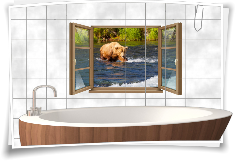 Fliesen-Aufkleber Fliesen-Bild Fenster Bär Natur Wasser Fluss Wild Tier Bad WC